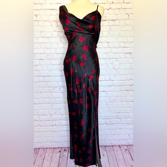 NICHOLAS Finley Silk Asymmetrical Draped Black Poppy Floral Midi Dress--4 - Picture 3 of 16